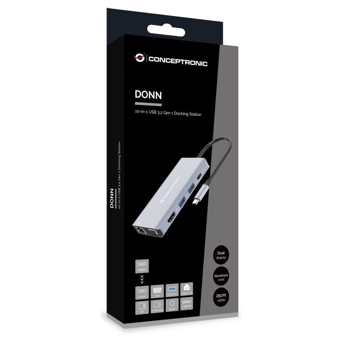 Conceptronic DONN20G Adaptador USB-C a HDMI/USB-A/VGA/AUX con Ethernet y Lector Tarjetas SD, 100W PD, Gris, 25cm