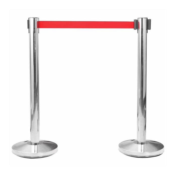 Normaluz Poste Separador Inox con Cinta Roja Extensible 2 m x 5 cm Acero Inoxidable Medidas 91 cm x Ø5,1 cm Base Ø32 cm 1