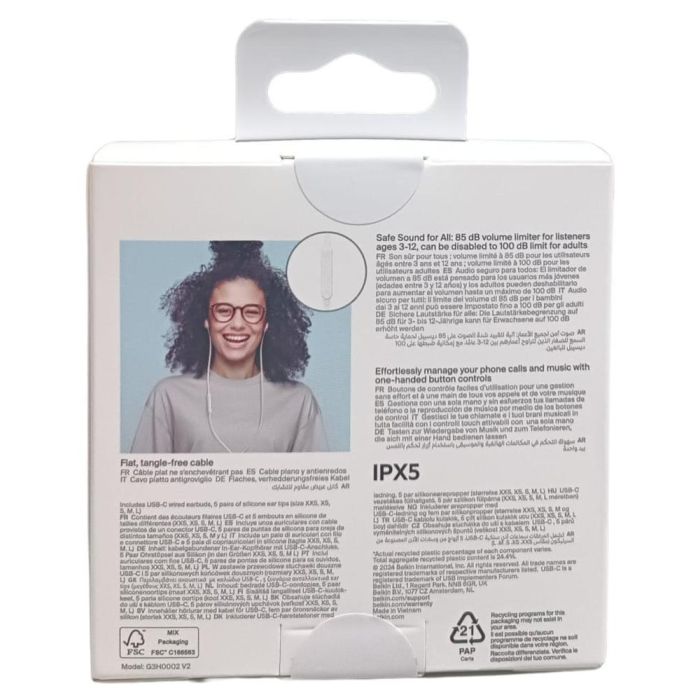 Belkin G3H0002HQWHV2 Auriculares USB-C Blancos Signature Sound, IPX5, con limitador de volumen 2