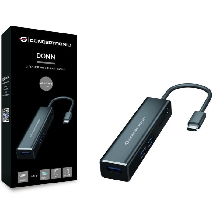 Conceptronic DONN08B Adaptador Hub USB Tipo C a 3x USB 3.0 con Lector de Tarjetas SD/MicroSD Negro