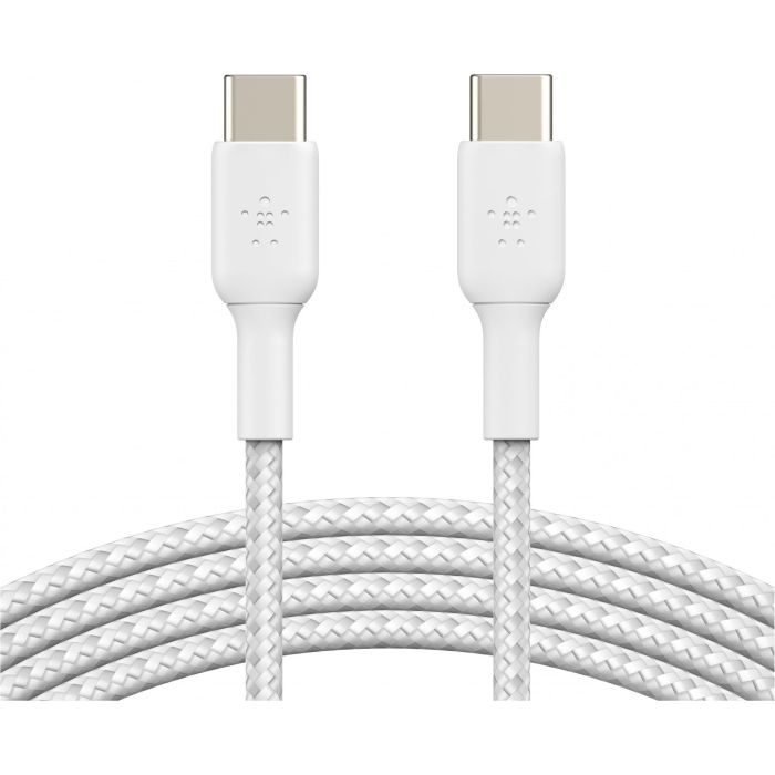 Belkin CAB004BT1MWH2PK Cable Trenzado USB-C a USB-C 2.0, 1m, Blanco, 480Mbps, Carga Rápida 60W, Doble Pack