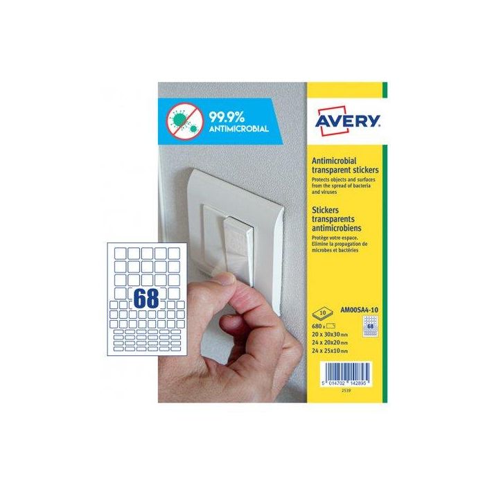Etiquetas Adh.Avery A4 Polyester Antibacteriana Y Antimicrobiana Removible Caja 10H Cuadrados Surtido (3X3-2X2-2X1,5) 680 Uds.(Am00Sa4)