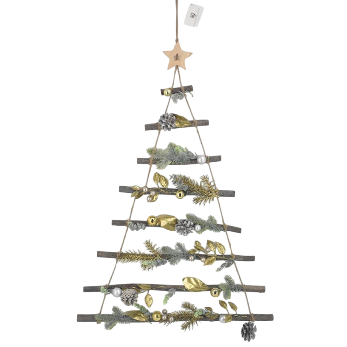 DKD Home Decor Colgante Decorativo Navidad Moderno 30 LEDs Madera Dorado Verde Natural 6x80x58 cm (2 Unidades) 2 Pilas AA