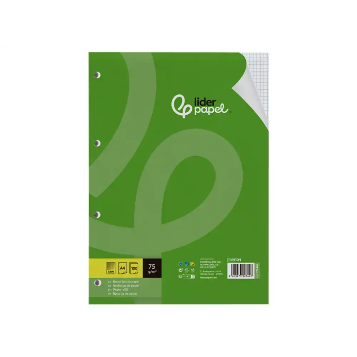 Liderpapel Recambio A4 100 Hojas 75gr Cuadro 4mm Con Margen 4 Taladros 1