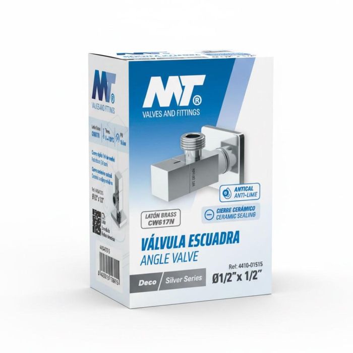 MT Válvula Escuadra Modelo Deco con Mando Cuadrado, Acabado Cromado Silver, 1/4 Vuelta, Cierre Cerámico, Latón, Roscas 1/2" x 1/2"