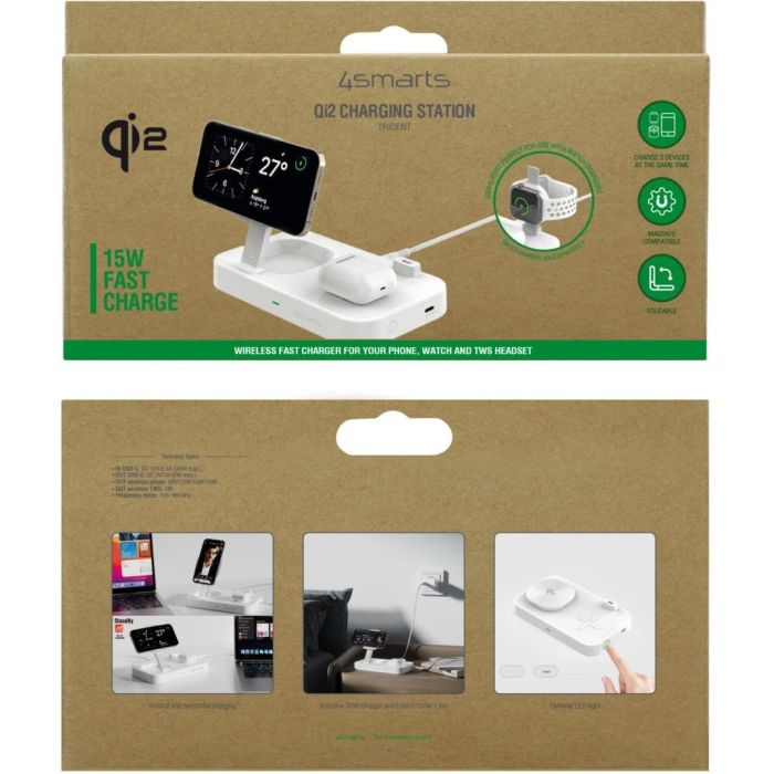 4smarts Cargador inalámbrico Qi2 Trident Blanco 25W con MagSafe y Carga Rápida Universal para 4 Dispositivos 6 4smarts Cargador inalámbrico Qi2 Trident Blanco 25W con MagSafe y Carga Rápida Universal para 4 Dispositivos 6