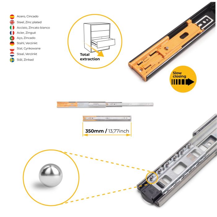 Emuca Juego de guías de bolas para cajones con extracción total y cierre suave, altura 45mm, logitud 350mm, Acero, Cincado 8 Emuca Juego de guías de bolas para cajones con extracción total y cierre suave, altura 45mm, logitud 350mm, Acero, Cincado 8