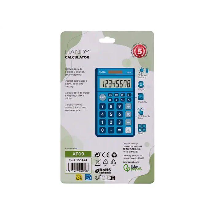 Liderpapel Calculadora Bolsillo XF09 8 Dígitos Solar y Pilas Color Azul 115x65x8 mm 4
