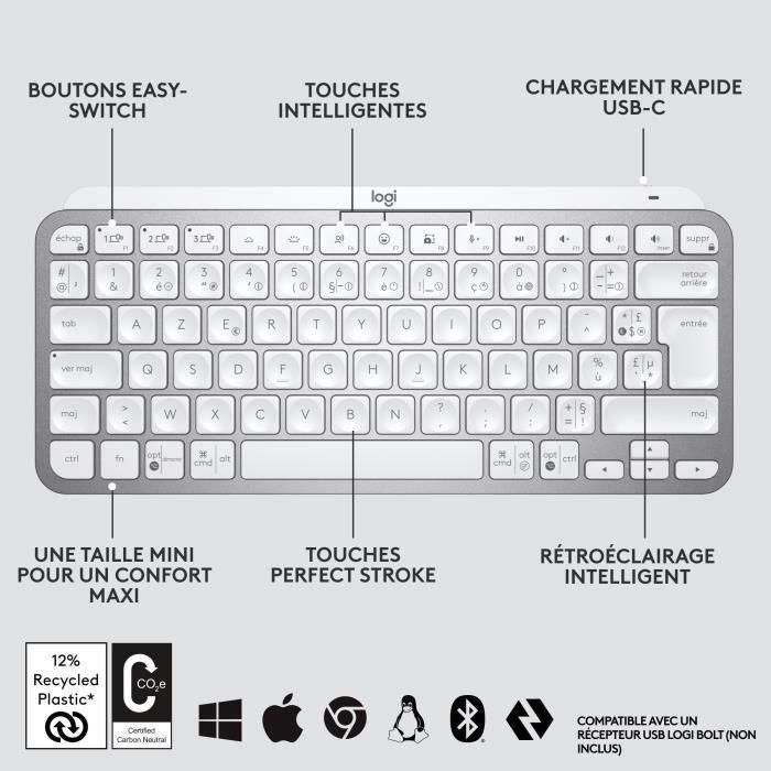 Teclado inalámbrico Logitech - MX Keys Mini - GRIS PÁLIDO - Compacto, Bluetooth, retroiluminado para MAC, iOS, Windows, Linux, Android 5