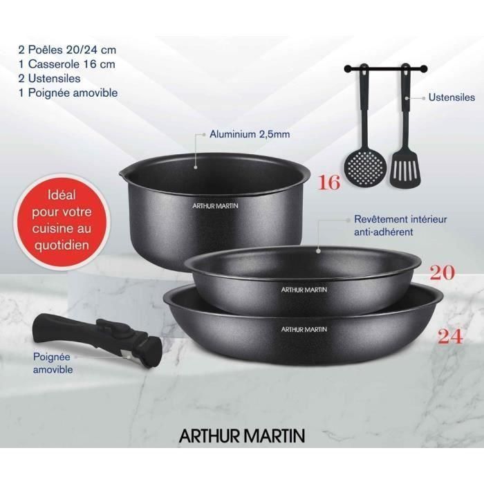 Batería de cocina - Todas las fuentes de calor, incluida la inducción - Arthur Martin - AM9582 - Aluminio - Antiadherente - 6 piezas - Mango extraíble 2 Batería de cocina - Todas las fuentes de calor, incluida la inducción - Arthur Martin - AM9582 - Aluminio - Antiadherente - 6 piezas - Mango extraíble 2