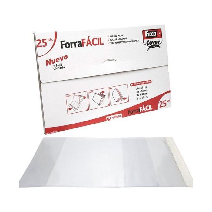 Fixo Forro para Libros Sin Adhesivo, Solapa Ajustable, PVC 120 Micras, 0.29x0.53M, Transparente, Caja de 25