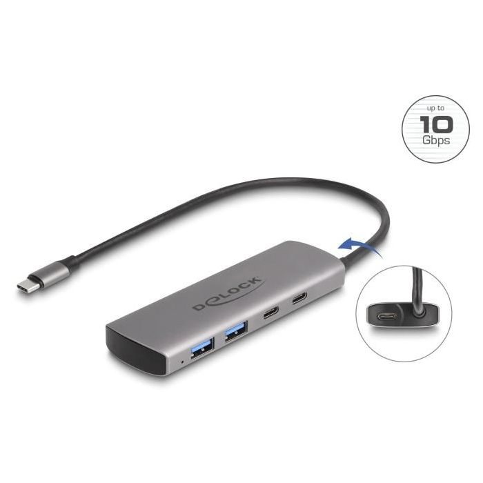 DeLOCK Hub USB 10 Gbps con 2 puertos USB-A y 2 puertos USB-C, conexión USB-C y alimentación adicional