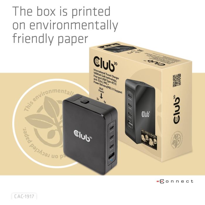 Club3D Ladegerät 3xUSB Typ C. 1xUSB Typ A. PD 140W. GaN retail 9