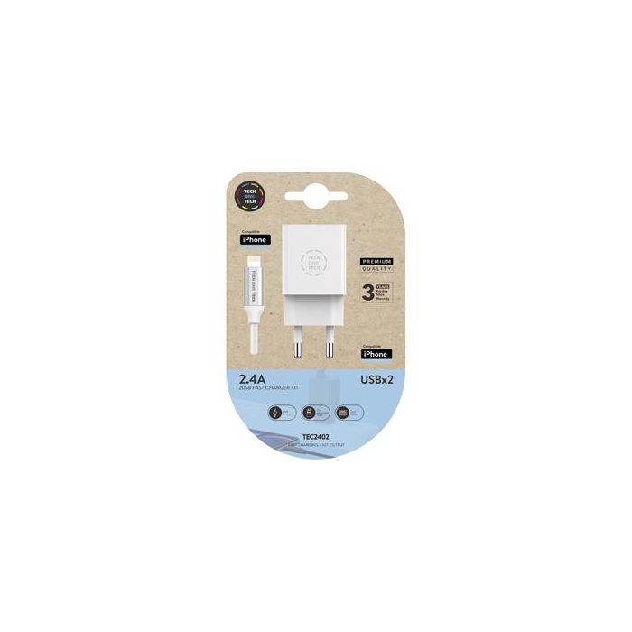 Cargador Doble Blanco+Cable Braided Nylon Lightning Para Apple, Alto Rendimiento2,4ª