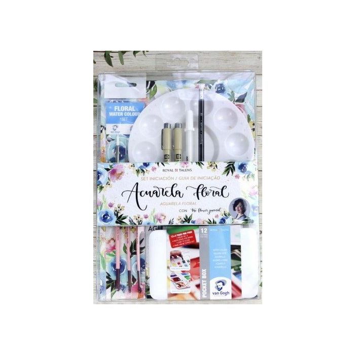 Set Acuarela Floral Van Gogh Iniciacion (15 Pastillas+Bloc+Acuarelas+Rotuladores Calibrados+Pinceles+Paleta De Plastico)