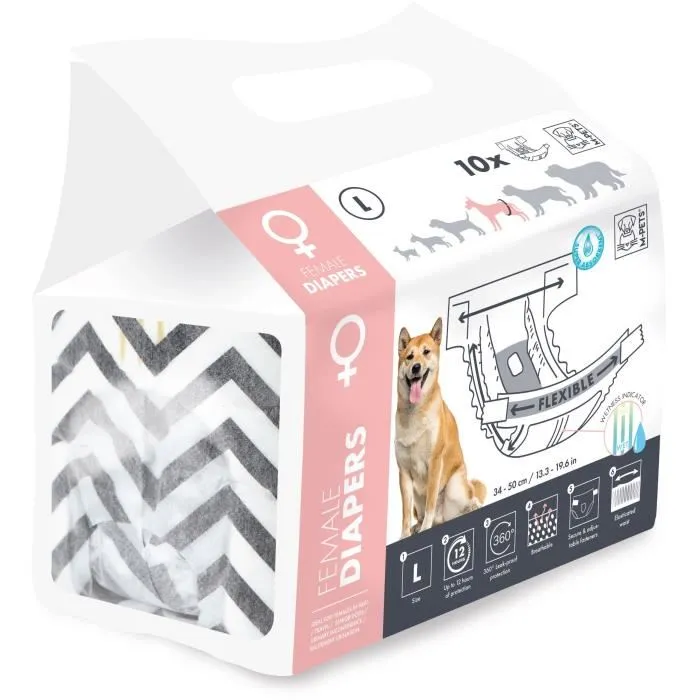 M Pets Pañales para Perros Mujer L x10 MPE6953182735571 - Cintura 32-52 cm, 8-15 kg, Indicador Humedad, Protección 12h 1