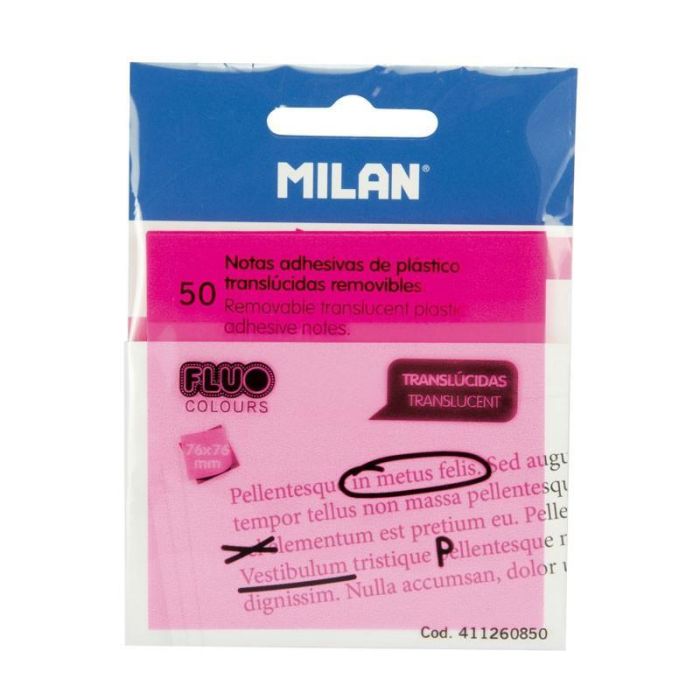 Milan Bloc Notas Adhesivas Removibles 50H 76x76 Plástico Translúcidas Rosa Fluorescente