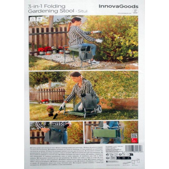 Inde Banco de Jardinería Plegable con Bolsa para Herramientas 58 x 27 x 12 cm 1