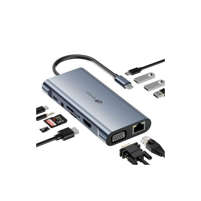 Leotec LEDS01 Docking Station USB-C 11 en 1 con HDMI 4K, VGA, USB 3.0, USB-C PD 100W, Gigabit Ethernet, Lector SD/MicroSD y Audio - Gris 4