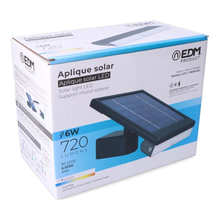 Aplique solar led 6w 720lm 6.500k con sensor crepuscular y movimiento. punto de luz extraíble. color negro edm 4