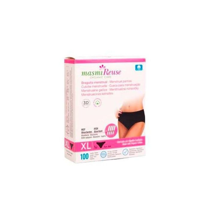MASMI Braguita Menstrual de Gran Absorción Algodón Ecológico Certificado GOTS Negra Talla XL