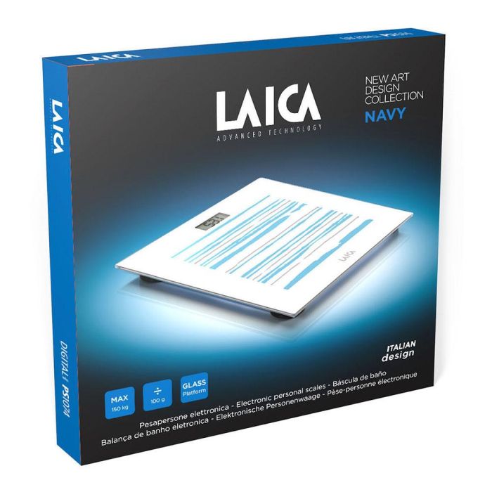 Laica Báscula electrónica de baño blanca con rayas azules y grises, cristal templado 5mm, 150kg, PS1074 2 Laica Báscula electrónica de baño blanca con rayas azules y grises, cristal templado 5mm, 150kg, PS1074 2