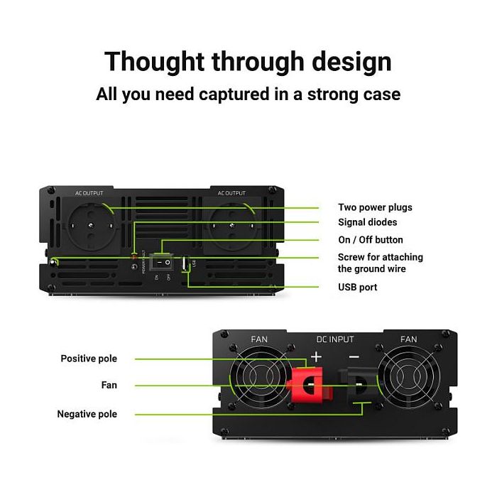 Green Cell INV21 Inversor de Corriente para Coche 24V a 230V, 6000W Pico, Convertidor DC a AC, Negro