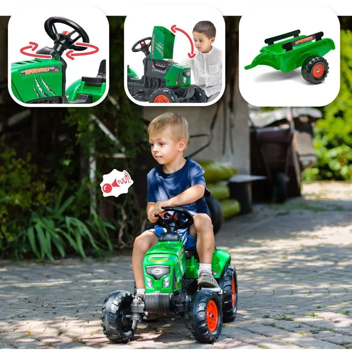 FALK Tractor de pedal Supercharger rojo con capó de apertura y remolque para niños de 2 a 5 años 2