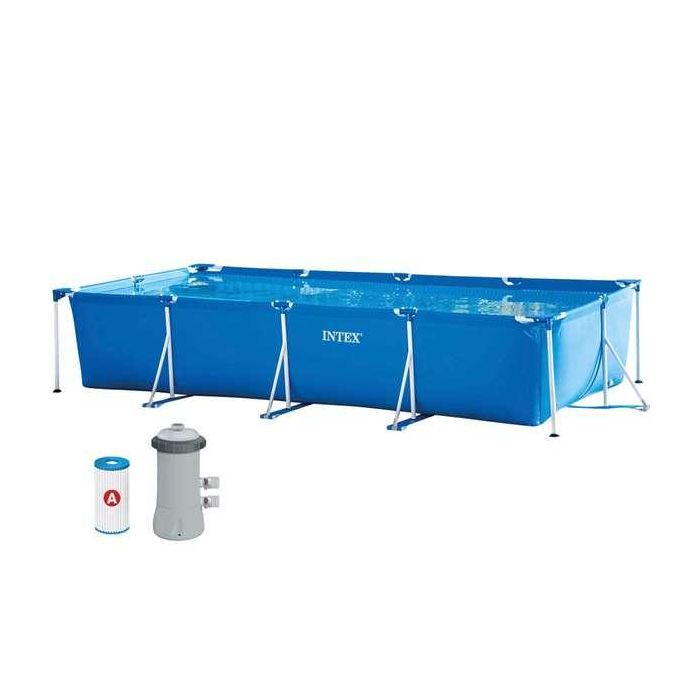 Intex Piscina Frame Rectangular 450x220x84 cm con Bomba Filtradora. Capacidad 7127 Litros y Estructura PVC/Metal.