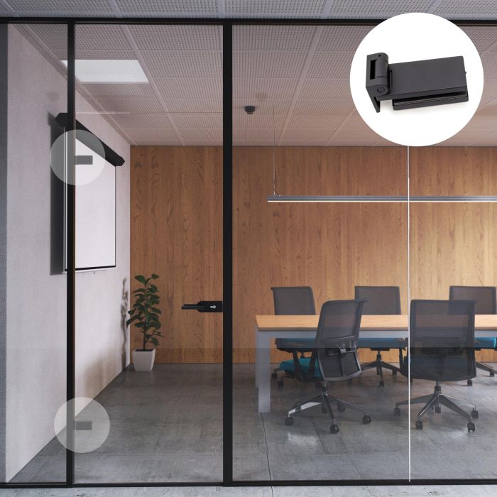 Emuca  Bisagra para puerta de cristal con embellecedor, bisagra horizontal con pala de 40mm, para puerta de 8-12mm, aluminio y acero, pintado negro 1 Emuca  Bisagra para puerta de cristal con embellecedor, bisagra horizontal con pala de 40mm, para puerta de 8-12mm, aluminio y acero, pintado negro 1