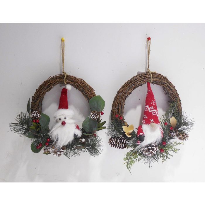 DKD Home Decor Decoración Colgante Navidad Corona Alpina Ratán Poliéster Marrón Verde 24x24 cm (Set de 6 Unidades Modelos Aleatorios)