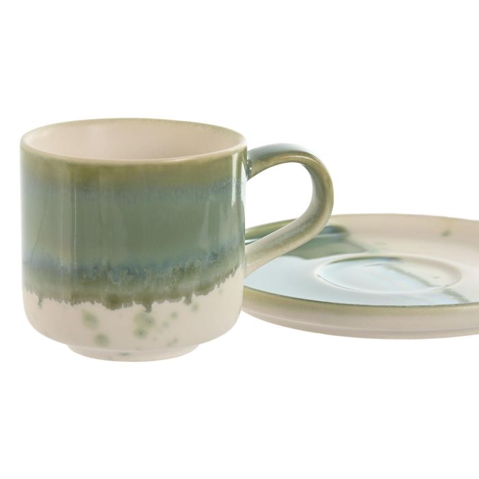 Taza Set Plato Oriental DKD Home Decor Verde Blanco 12 x 0.8 x 12 cm (6 Unidades) 1