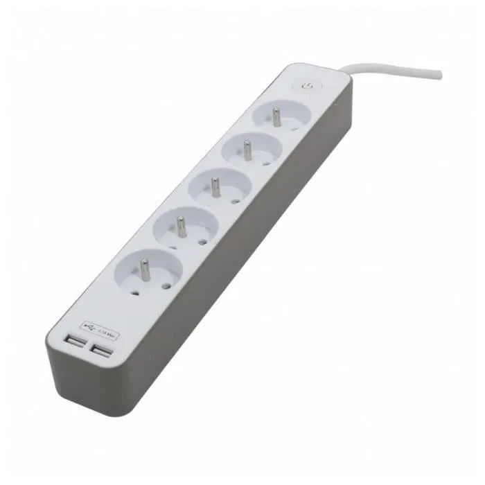 Chacon Regleta de Alimentación con 5 Enchufes, 2 Puertos USB y Cable de 1,5m HO5VV-F 3x1.5 mm², Color Blanco y Marrón 1