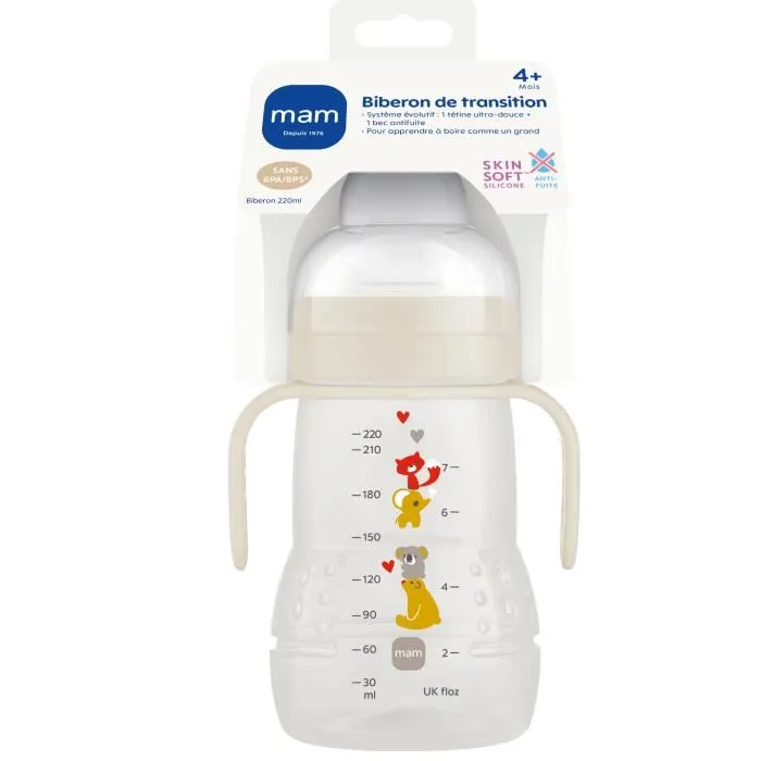 Mam Botella de Transición 220 ml - 4 Meses - Boquilla Silicona Suave Anti Derrames 1 Mam Botella de Transición 220 ml - 4 Meses - Boquilla Silicona Suave Anti Derrames 1