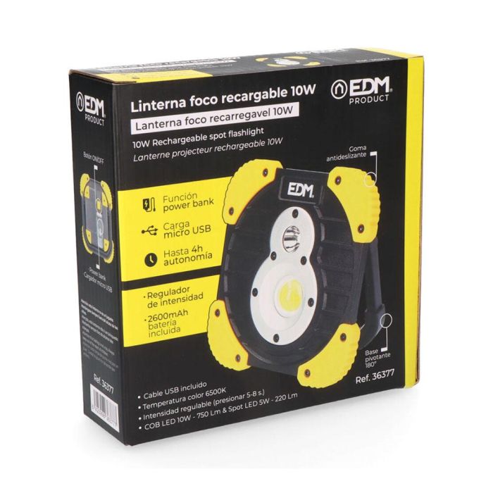 Edm Linterna Foco Recargable 10W 750LM, Power Bank, Luz Fría 6500K, Batería 2600mAh, Regulable, Base Pivotante 180° 3 Edm Linterna Foco Recargable 10W 750LM, Power Bank, Luz Fría 6500K, Batería 2600mAh, Regulable, Base Pivotante 180° 3