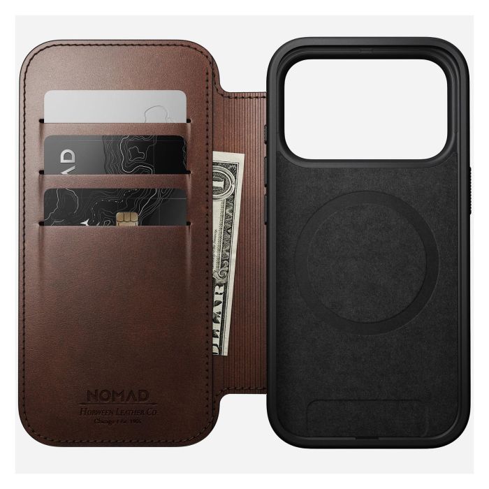 Nomad Modern Leather Folio para iPhone 17 Pro - Funda de Cuero Marrón Rustic con 3 Bolsillos, Compatible con MagSafe, Cierre Magnético 1