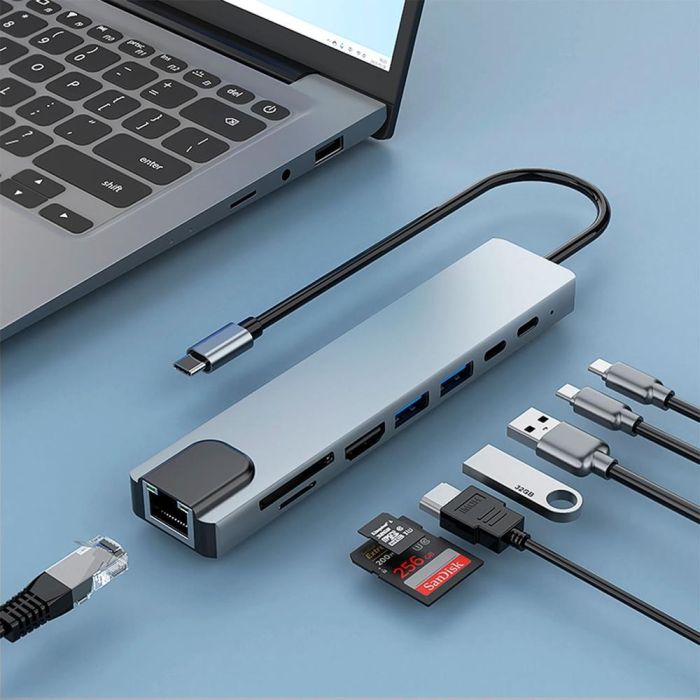 Coolbox Minidock C81 Aluminio USB-C Hub: HDMI 4K, Ethernet Gigabit, 2x USB-A 3.2, USB-C PD 100W, SD/microSD Gris Espacial 1