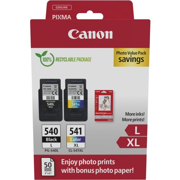 Canon Tinta Ecopack Bk+C-M-Y + Papel Fotográfico 10x15 para Pixma MG2150-2250-3150-3250-3550-3650-3650S-4150-4250, MX375-395-435-455-475-515-525-535, TS5150-5151, PG540L+CL541XL