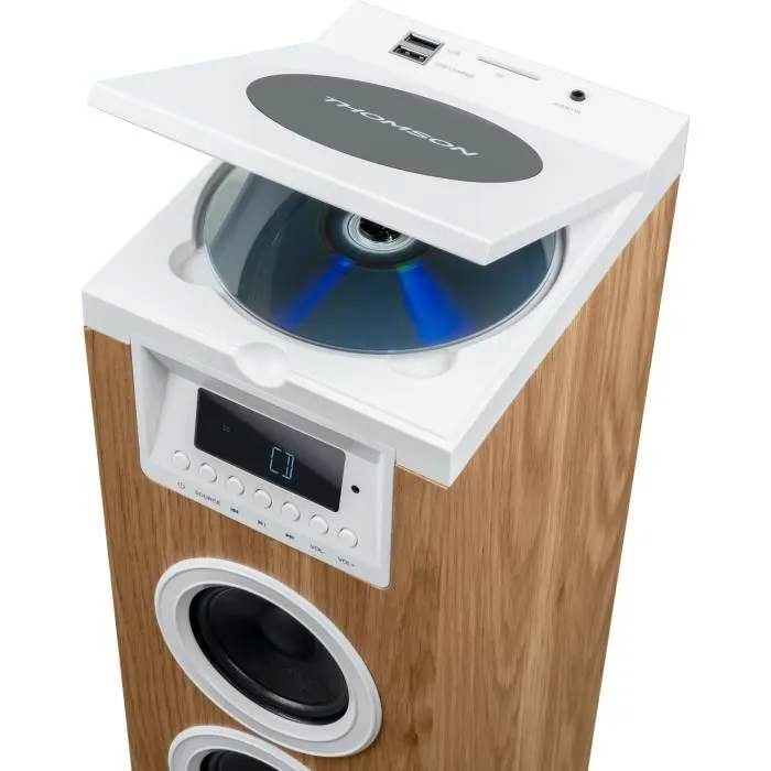 Thomson Altavoz Torre THO1720571172497 Bluetooth/CD/USB/SD Blanco/Madera 60W Radio FM 4