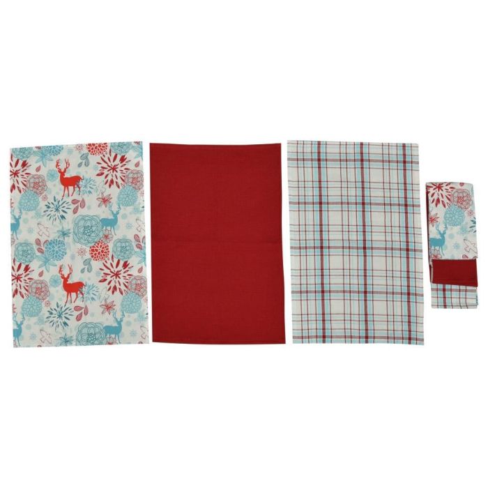 DKD Home Decor Paño de Navidad Moderno Algodón Azul Celeste Rojo Diseño Reno 40x60 cm Set 3 Piezas 170 gsm