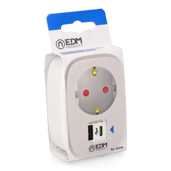 Edm Adaptador 1 Toma Schuko con 2 USB (A+C) Blanco, 3680W, 230V, 86x60x32mm
