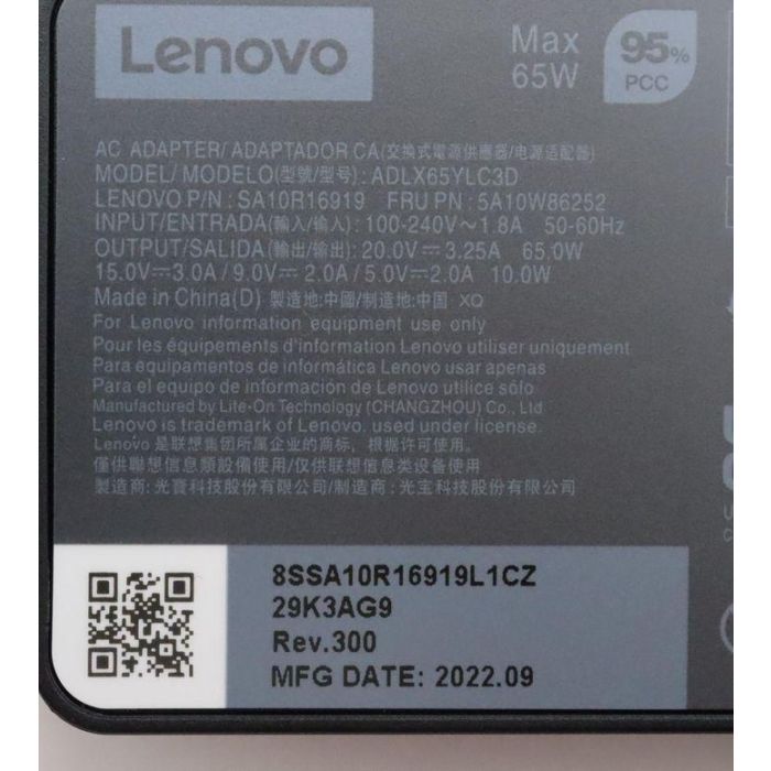 Lenovo 65W power adapter for notebooks, supports 20/15/9/5V output, 3-pin configuration, designed for worldwide use. 9
