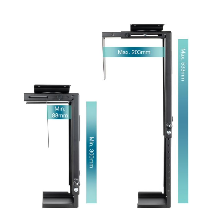 TooQ TQMUD01 Soporte Metálico para CPU PC Bajo Mesa o Pared Ajustable de Altura y Ancho, con Giro, hasta 10kg, Negro 2 TooQ TQMUD01 Soporte Metálico para CPU PC Bajo Mesa o Pared Ajustable de Altura y Ancho, con Giro, hasta 10kg, Negro 2