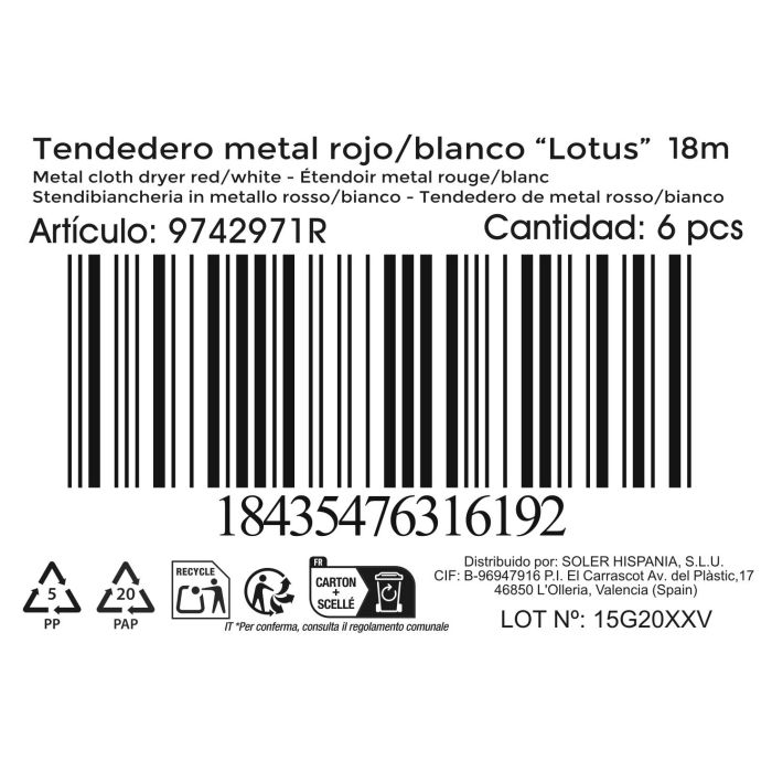 Tendedero 18M Metal Rojo/Blanco "Lotus" (6 Unidades) 3