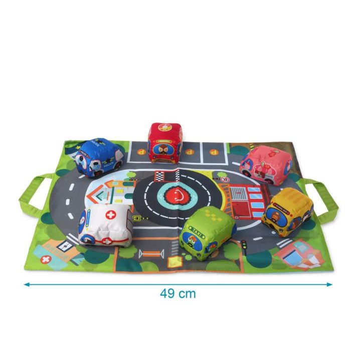 KioKids Circuito de Coches Manta de Actividades Textil con 6 Vehículos Blanditos Convertible en Bolsa Portátil Multicolor +12 meses 3