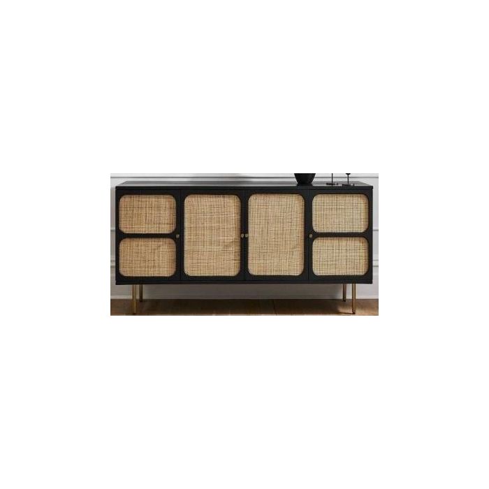 DKD Home Decor Buffet Moderno Madera Mango y Ratán Negro y Natural con 4 Puertas 150x40x65 cm 1