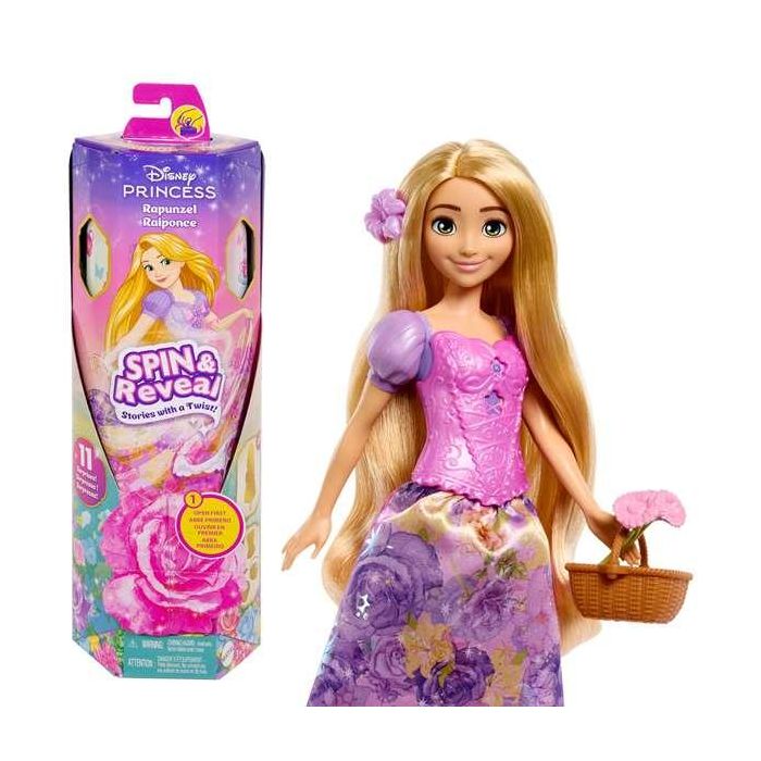 Muñeca princesa disney rapunzel spin and reveal. incluye 5 accesorios y 5 pegatinas. 1