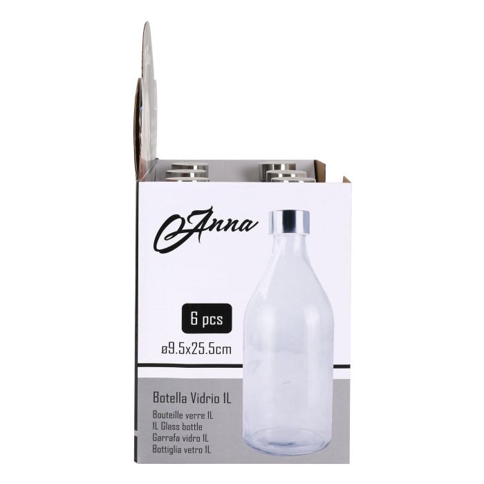 Anna Botella de Vidrio 1L con Tapa de Metal Redonda - 9,4 x 9,3 x 25,3 cm (6 Unidades) 2 Anna Botella de Vidrio 1L con Tapa de Metal Redonda - 9,4 x 9,3 x 25,3 cm (6 Unidades) 2