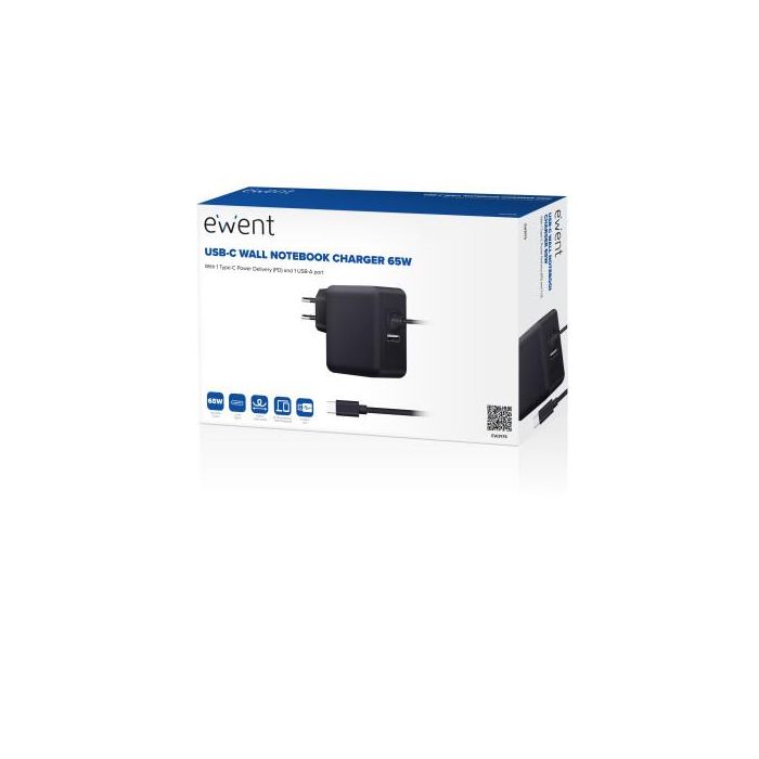 Ewent EW3978 Cargador de Pared USB-C 65W Power Delivery + USB-A para Portátil, Smartphone y Tablet, Carga Rápida, Cable 1.5m Negro 2 Ewent EW3978 Cargador de Pared USB-C 65W Power Delivery + USB-A para Portátil, Smartphone y Tablet, Carga Rápida, Cable 1.5m Negro 2