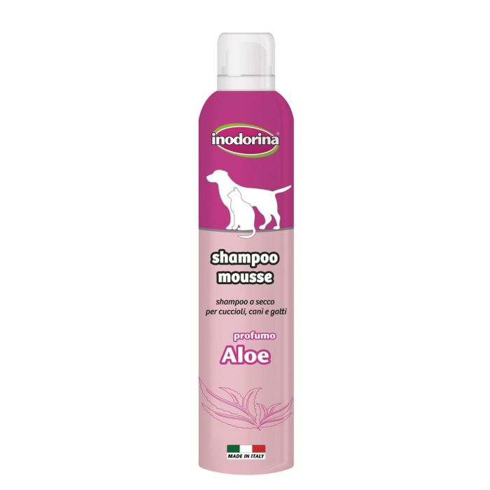 Inodorina Champú Mousse Aloe para Perros y Gatos, Higiene Diaria sin Agua, 300 mL